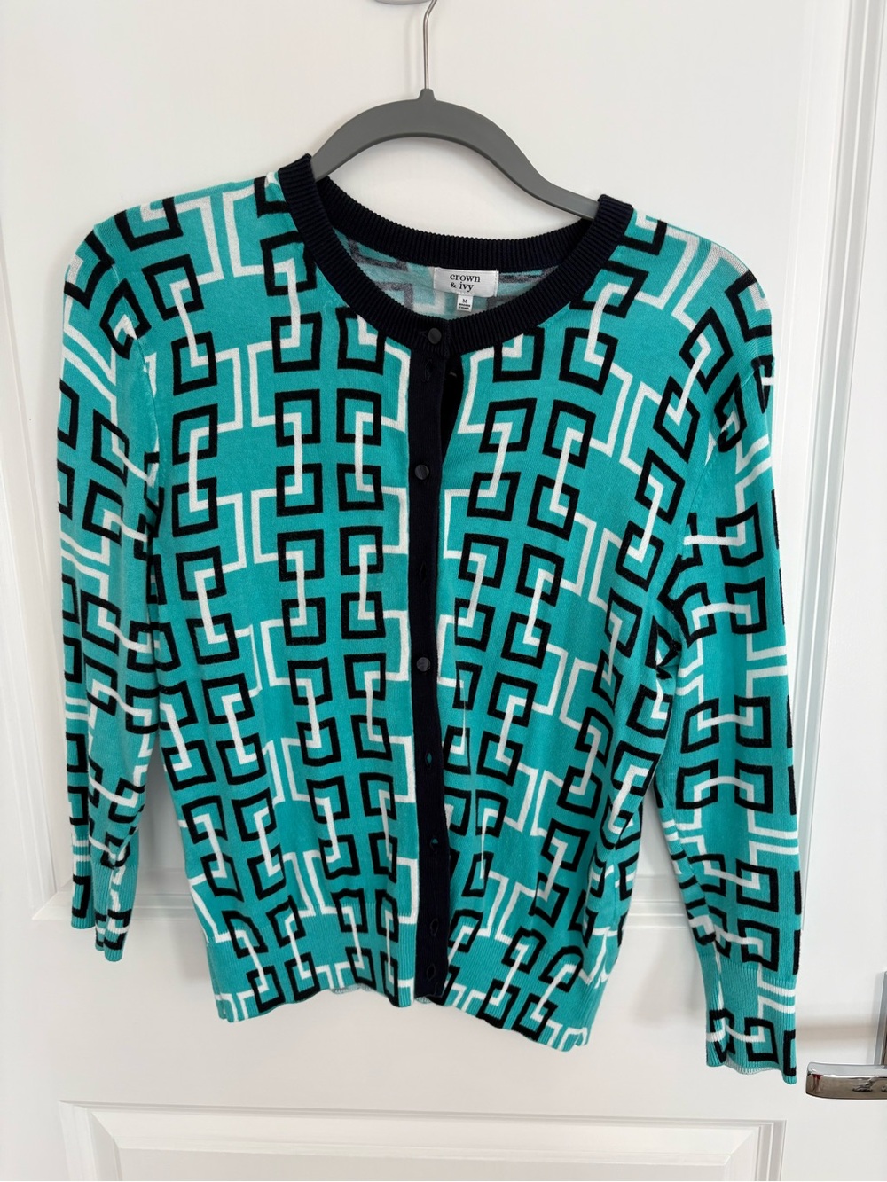 crown & ivy Teal Geometric Button-Front Cardigan with Black Trim
